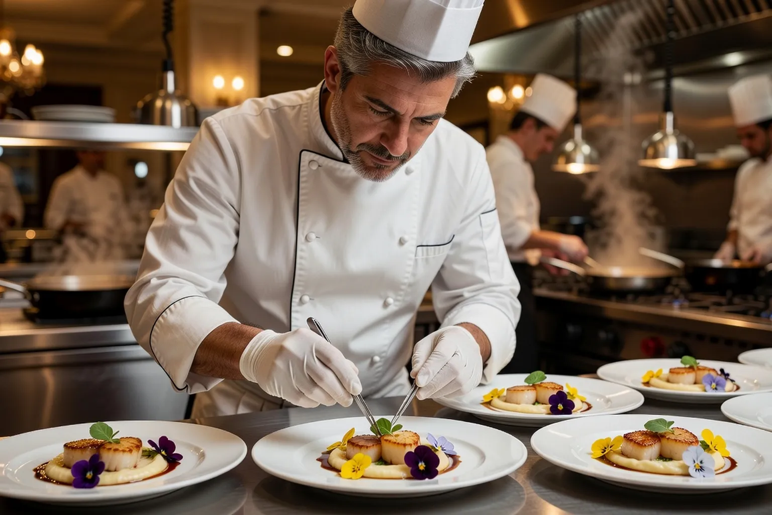 Chef traiteur dressant des assiettes pour un mariage