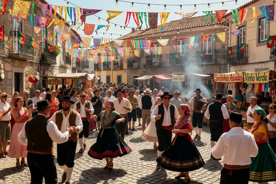 Arraial portugais animé avec banderoles colorées et danses traditionnelles