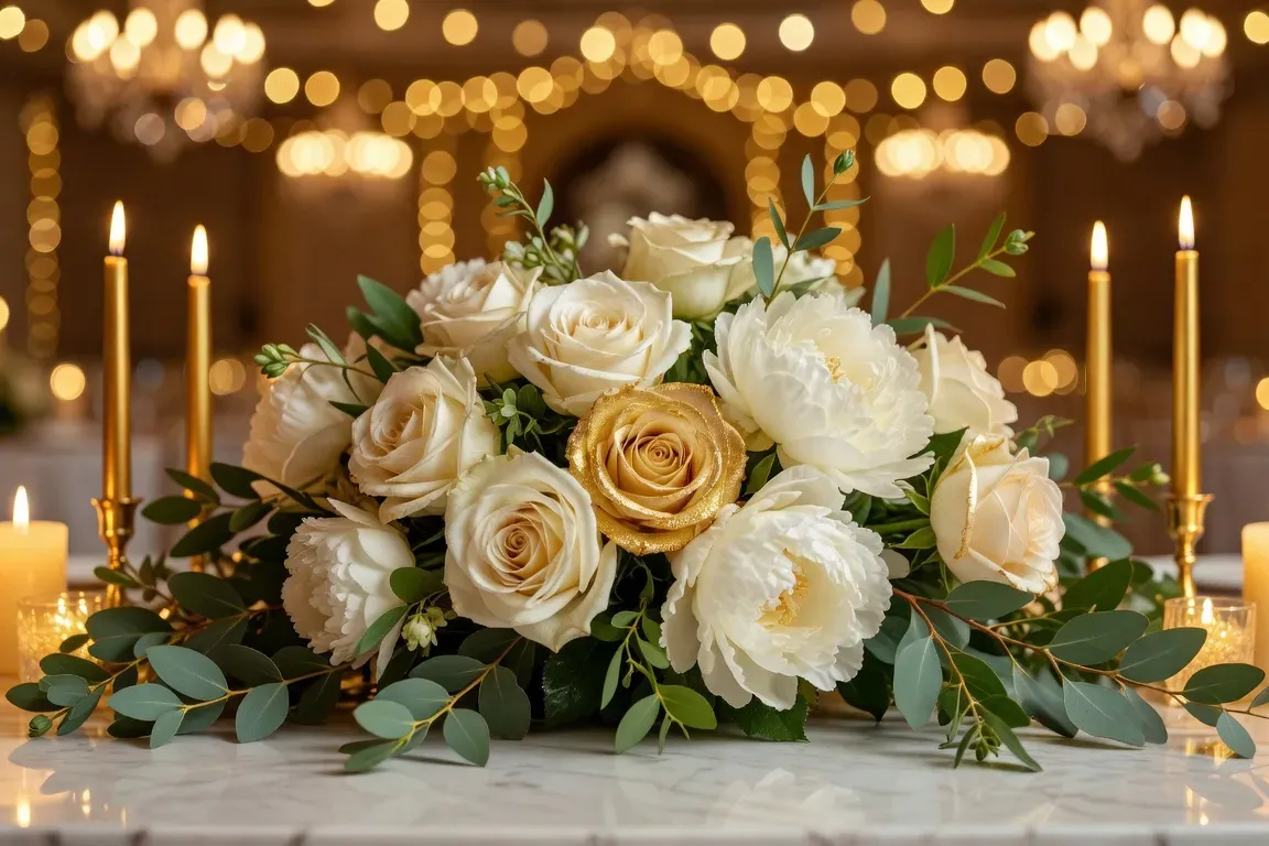 Table de mariage décorée, roses champagne, verdure, bougies et lumière dorée