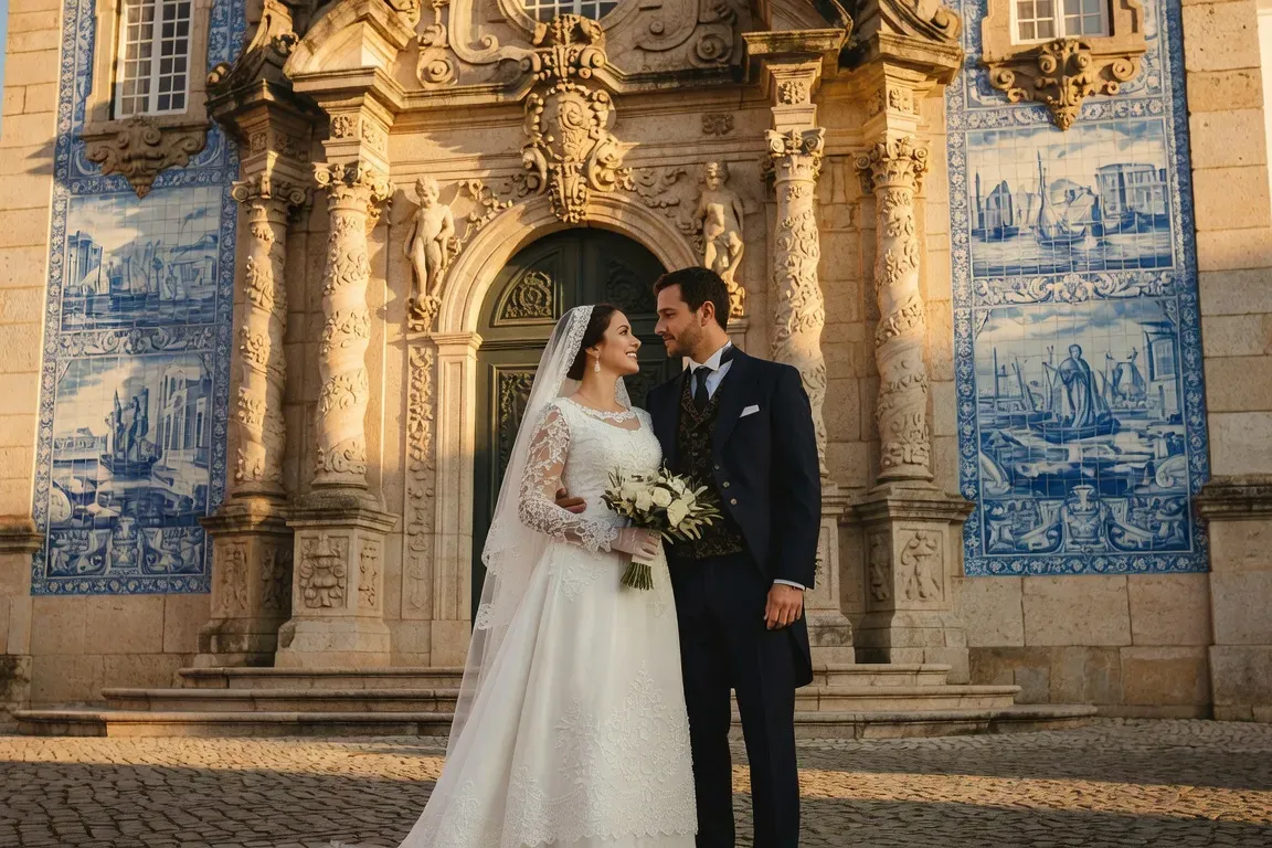 Couple de mariés portugais en tenue traditionnelle devant une Igreja baroque