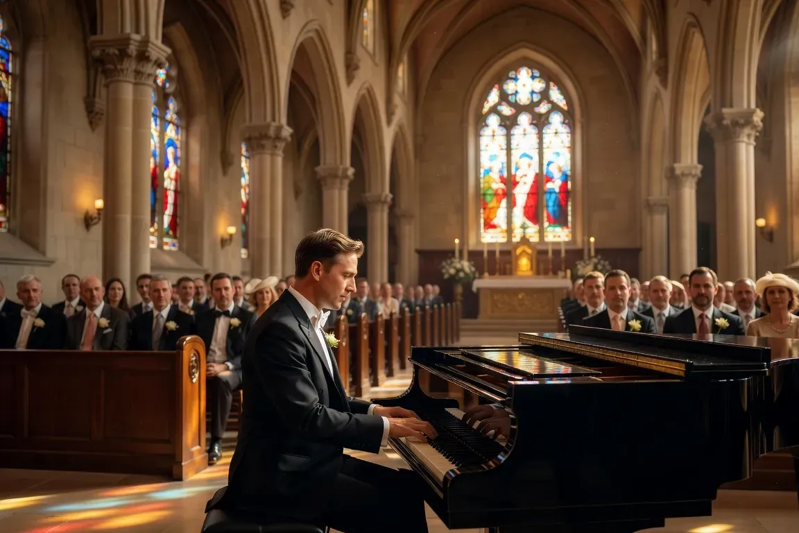 Pianiste jouant lors d'une cérémonie de mariage dans une chapelle