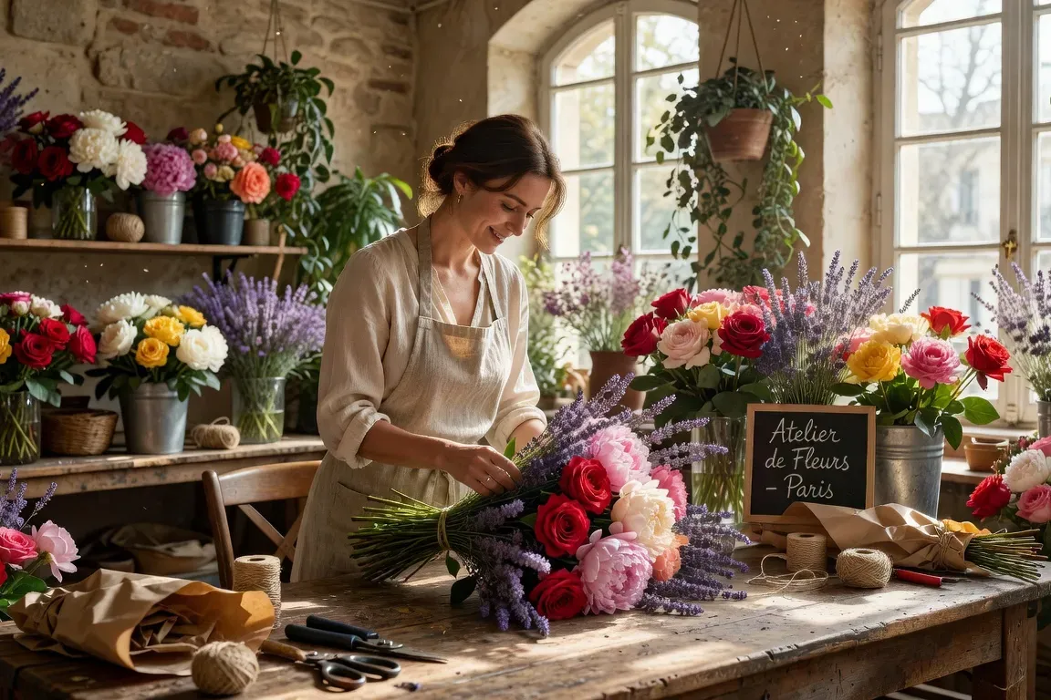 Sophie Renard au travail dans son atelier, entourée de fleurs fraîches
