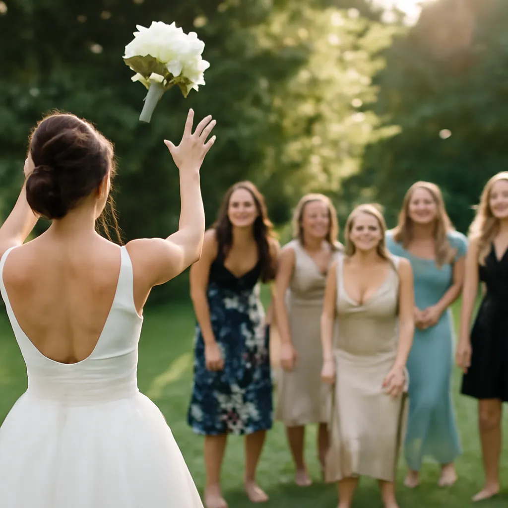 Lance du bouquet par la mariée vers les invitées