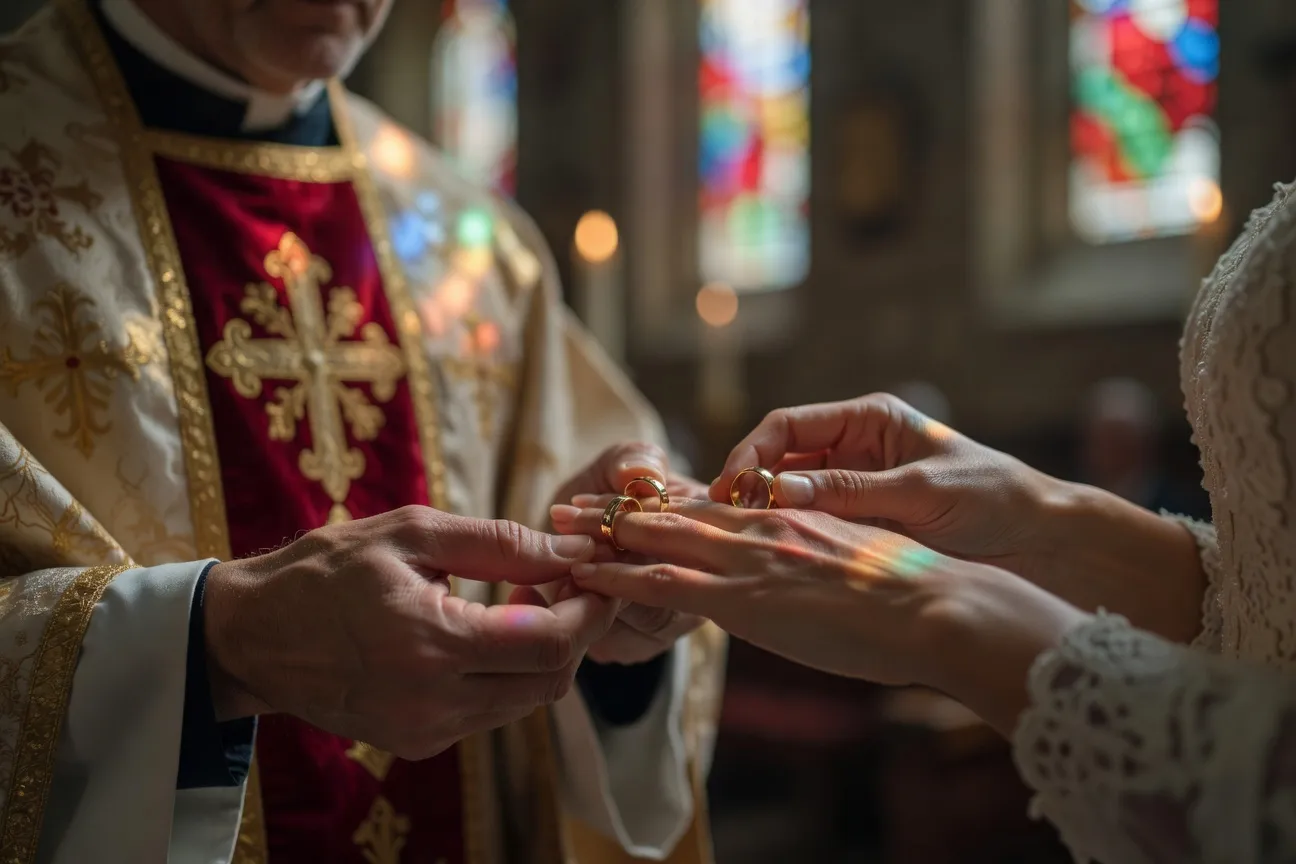 Échange des alliances lors d'un mariage catholique