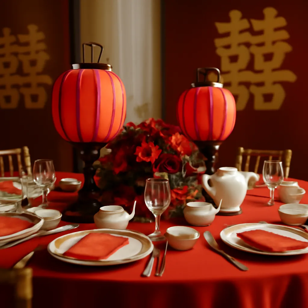 Banquet de mariage chinois avec lanternes rouges