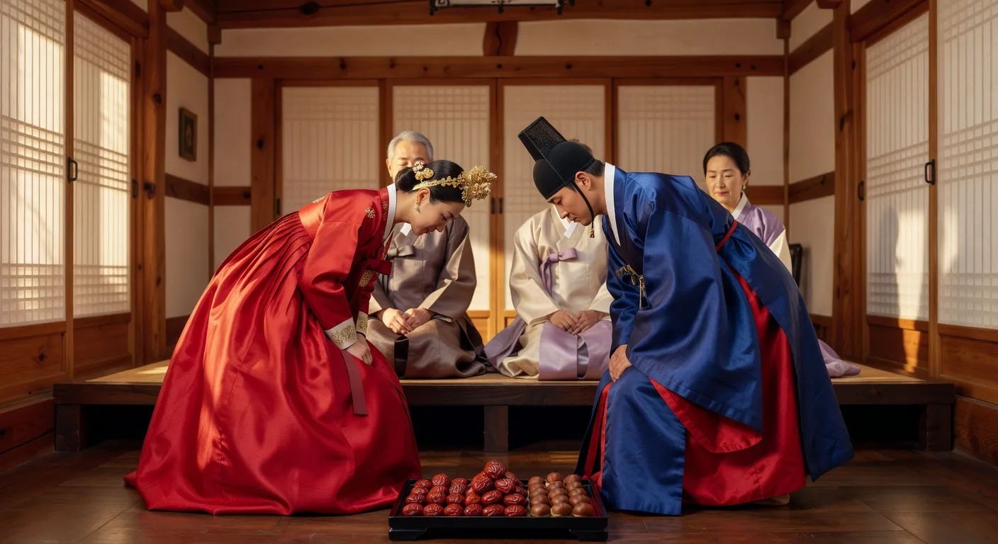 Cérémonie paebaek coréenne traditionnelle avec hanbok