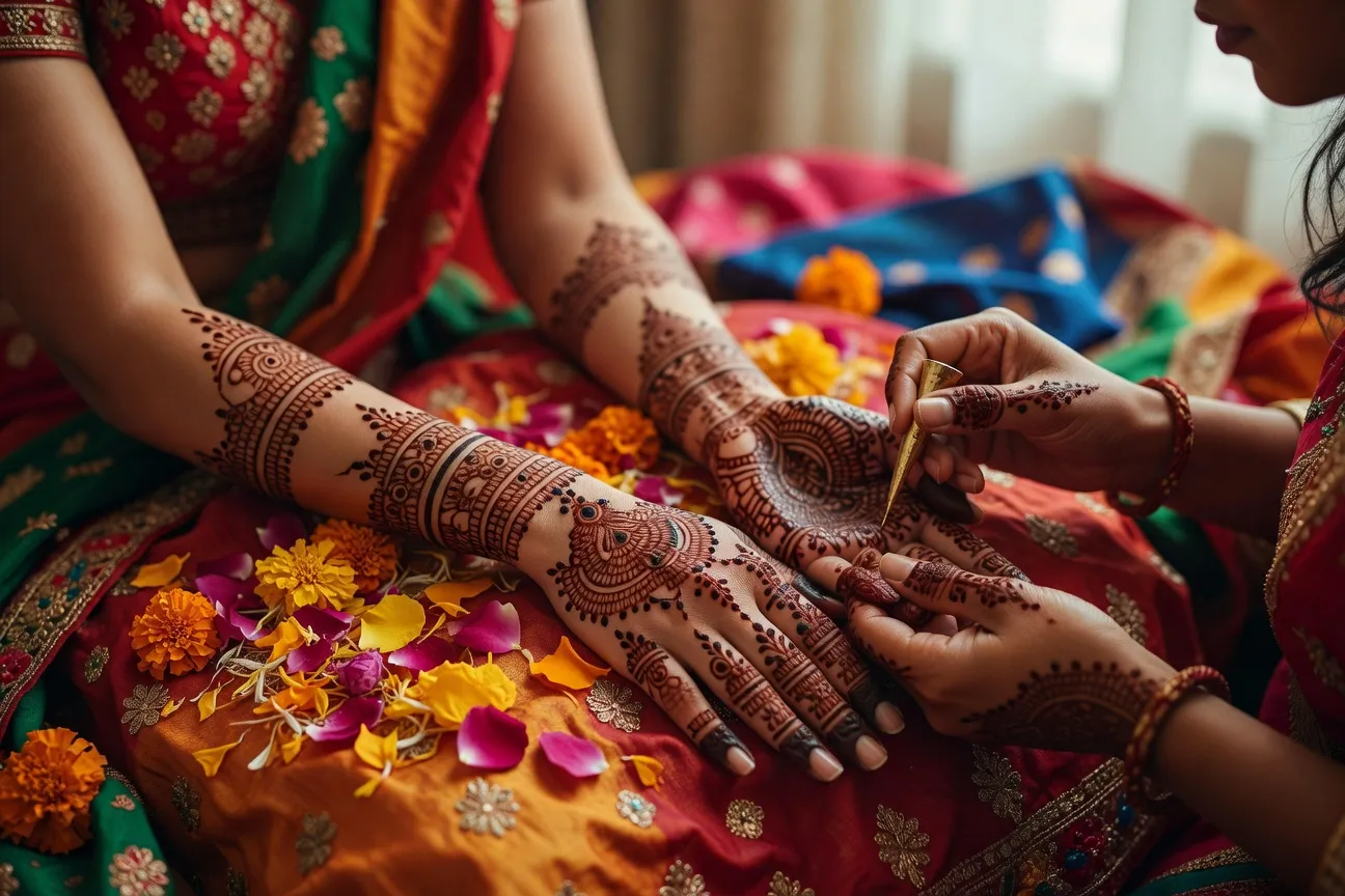 Application des motifs mehendi sur la mariée indienne