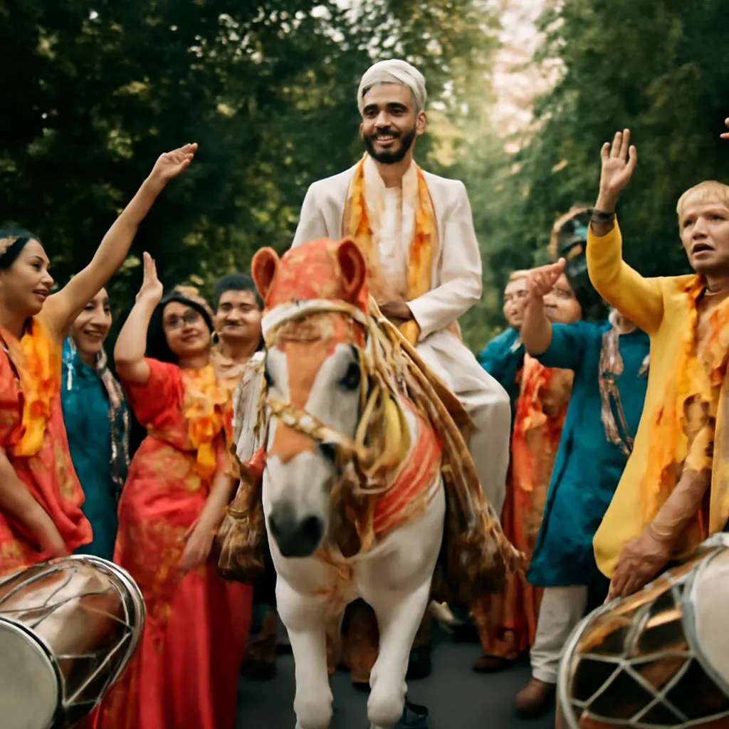 Baraat : procession du marié sur un cheval décoré