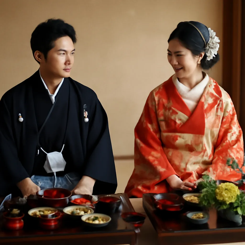 Banquet hiroen avec mariée en iro-uchikake rouge