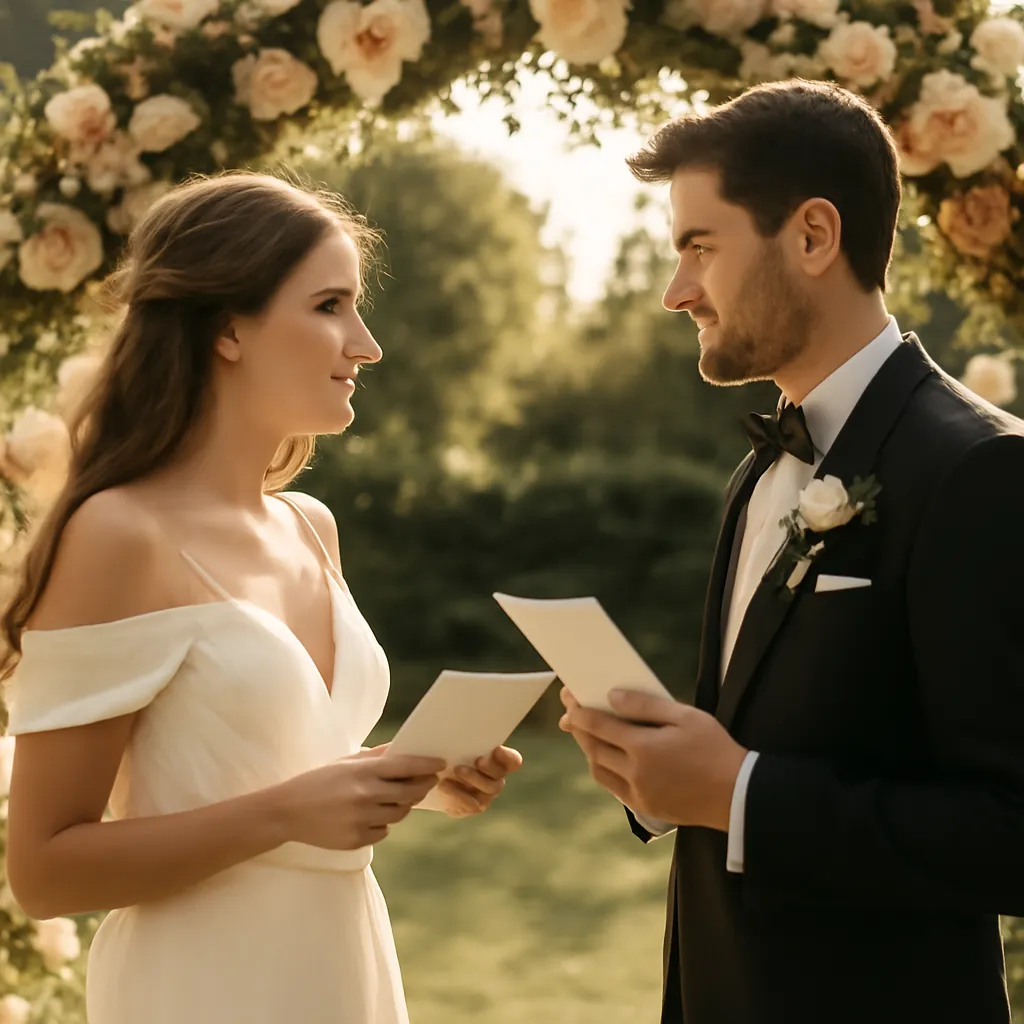 Échange de vœux en plein air sous une arche florale