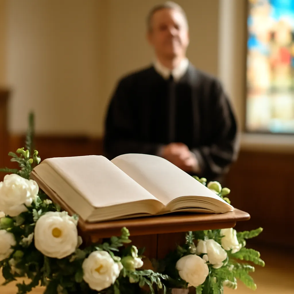 Bible ouverte et roses blanches au temple protestant
