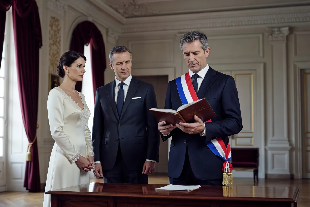 Maire en mairie avec écharpe tricolore