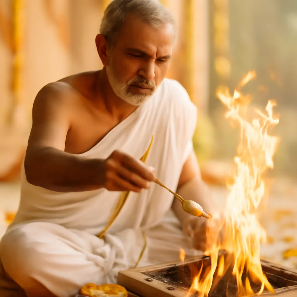 Pandit hindou officiant un rite védique