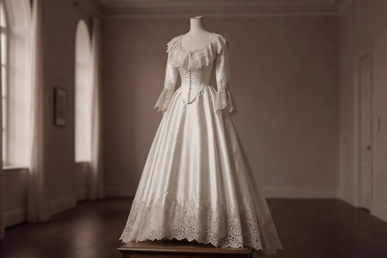 Robe blanche Victorienne de 1840 sur mannequin