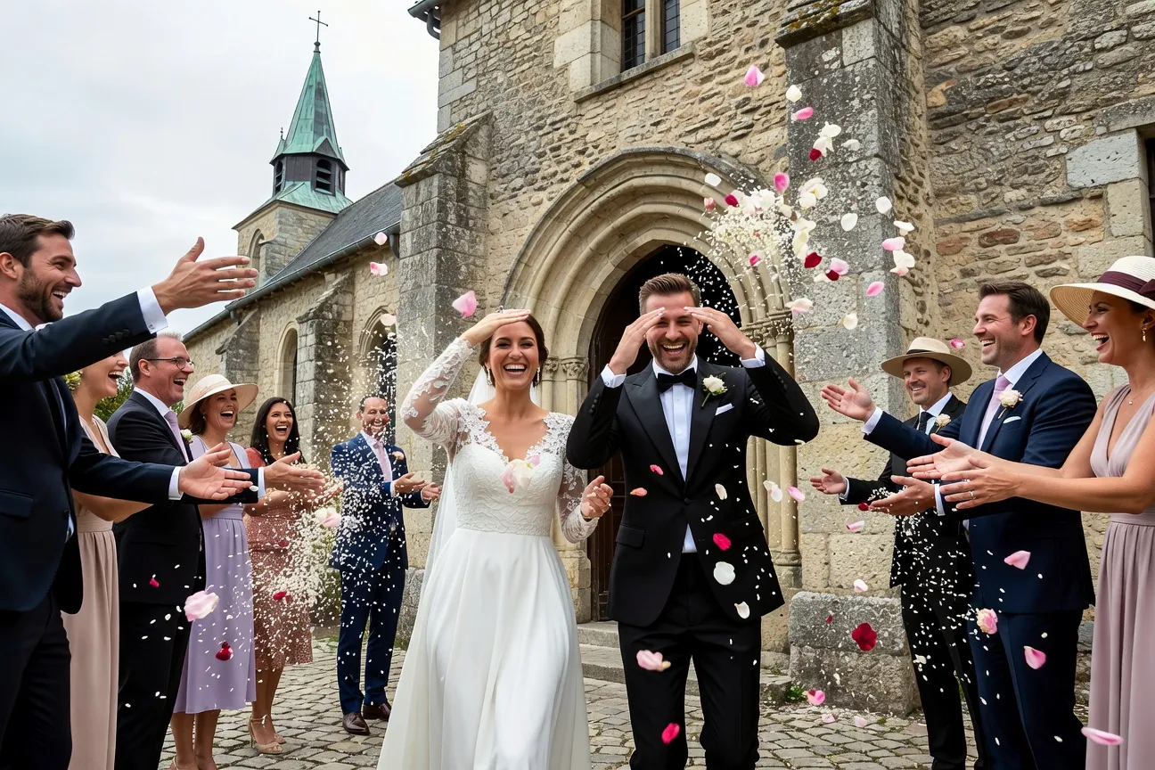 Lance de riz à la sortie d'un mariage français
