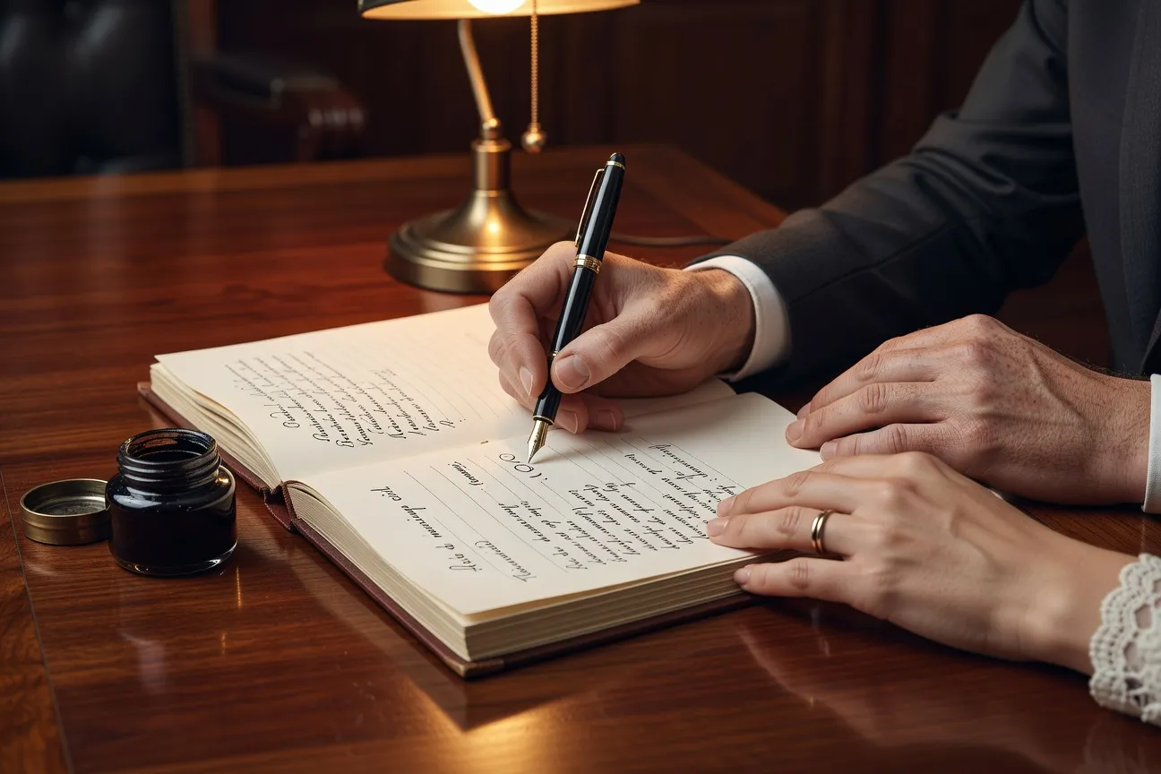 Témoins signant l'acte de mariage en mairie