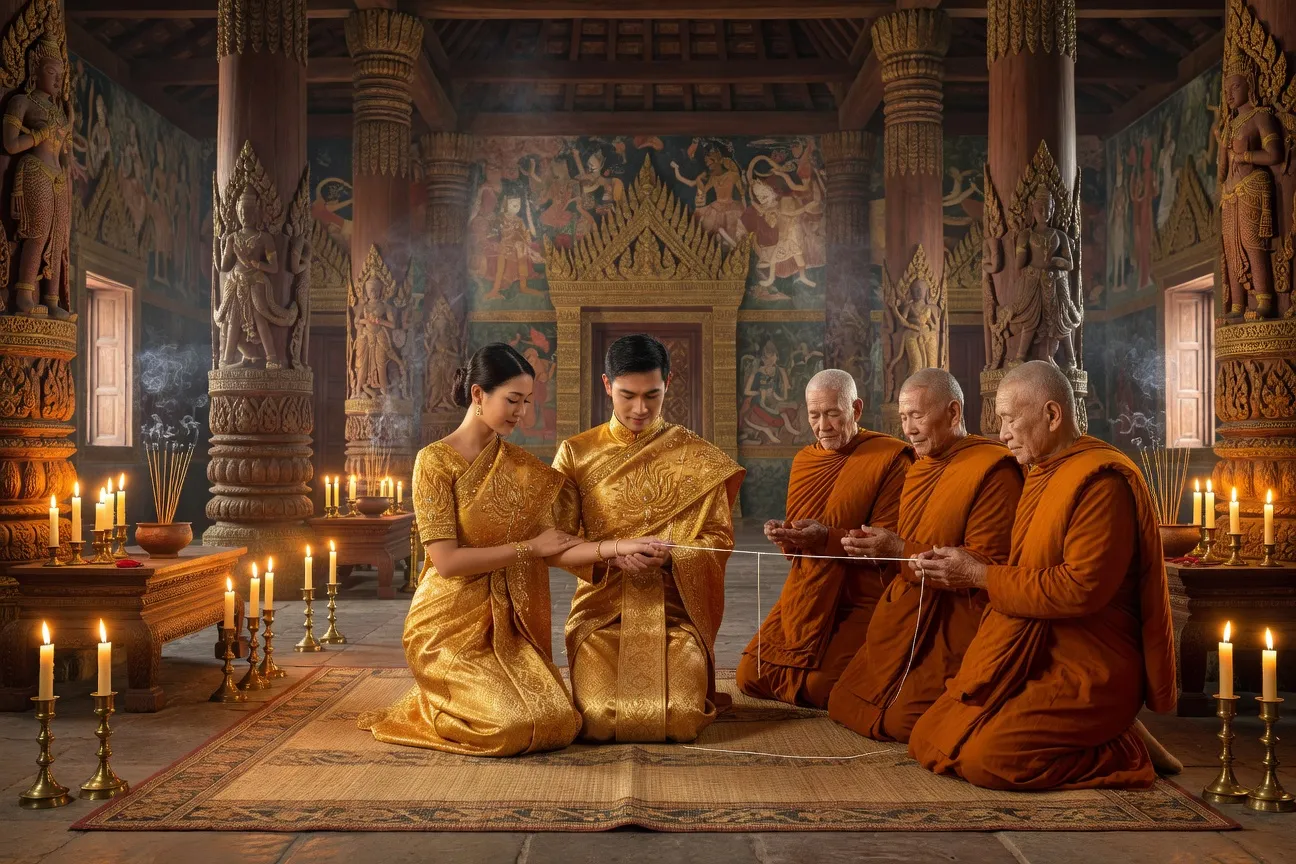 Cérémonie de mariage bouddhiste theravada avec fil sacré