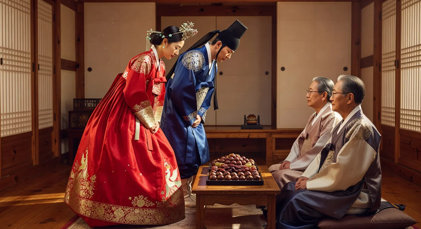Mariage coréen traditionnel avec hanbok et paebaek