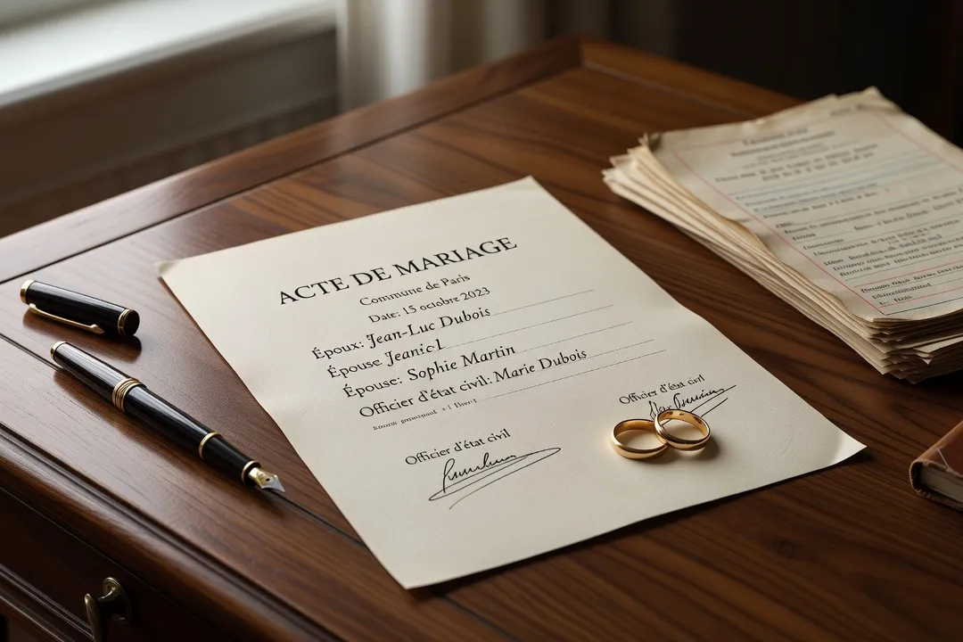 Documents administratifs et acte de mariage sur un bureau pour changement de nom