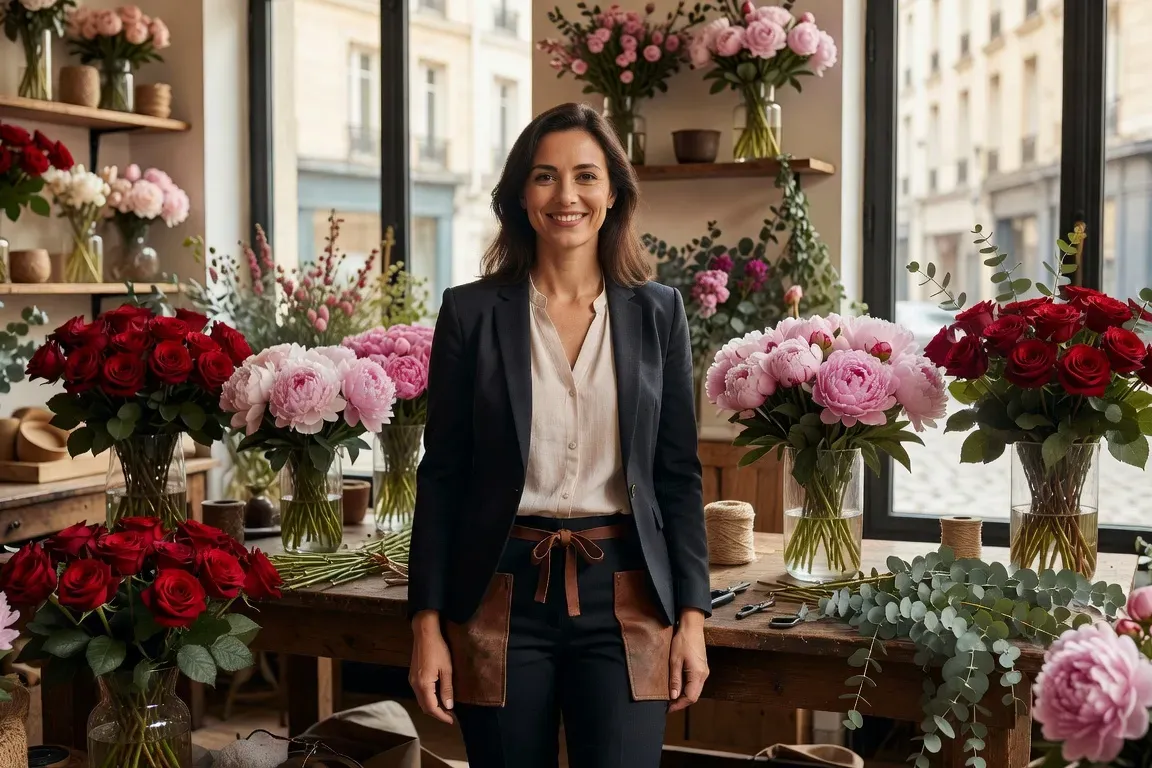 Portrait de Sophie Renard, décoratrice florale, entourée de fleurs fraîches dans son atelier lyonnais