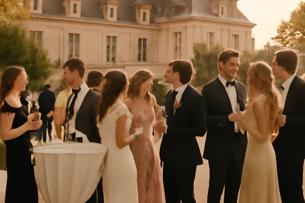 Invités élégamment habillés lors d'une réception de mariage en extérieur