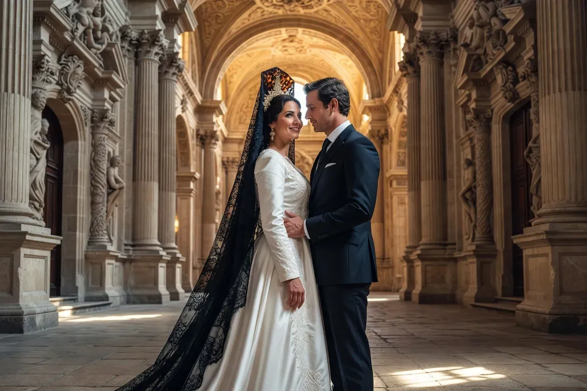 Cérémonie de mariage espagnol traditionnel, robe blanche et mantille, architecture baroque
