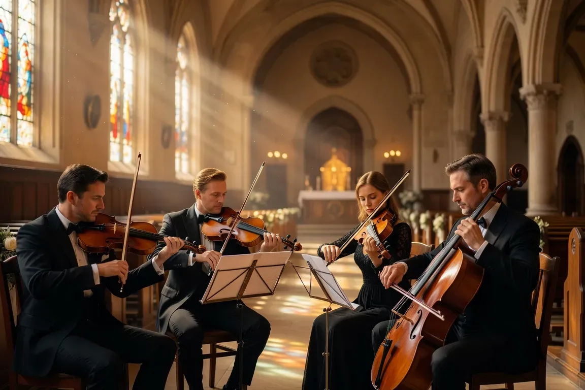 Quatuor à cordes jouant lors d'une cérémonie de mariage dans une chapelle lumineuse