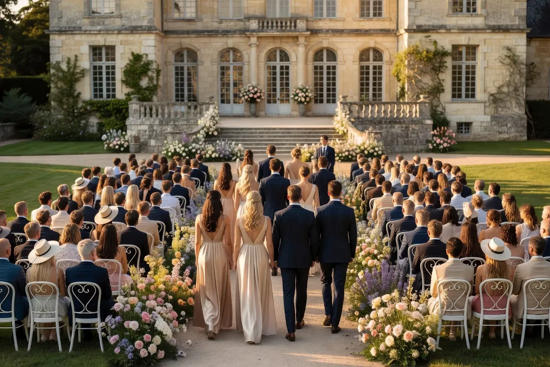 Cortège de mariage traversant une allée fleurie lors de l'entrée en cérémonie