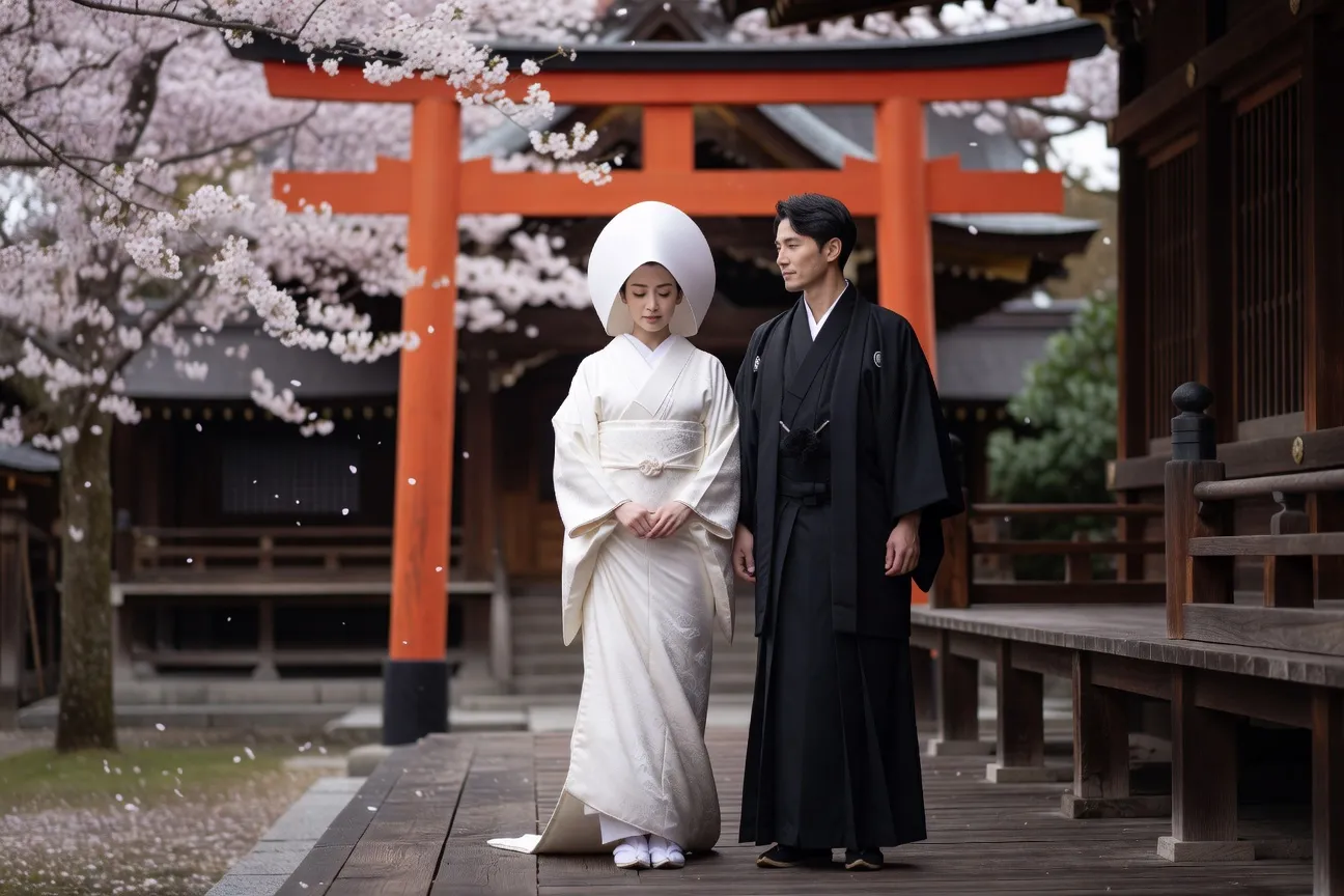 Mariage japonais shinto avec kimono shiromuku
